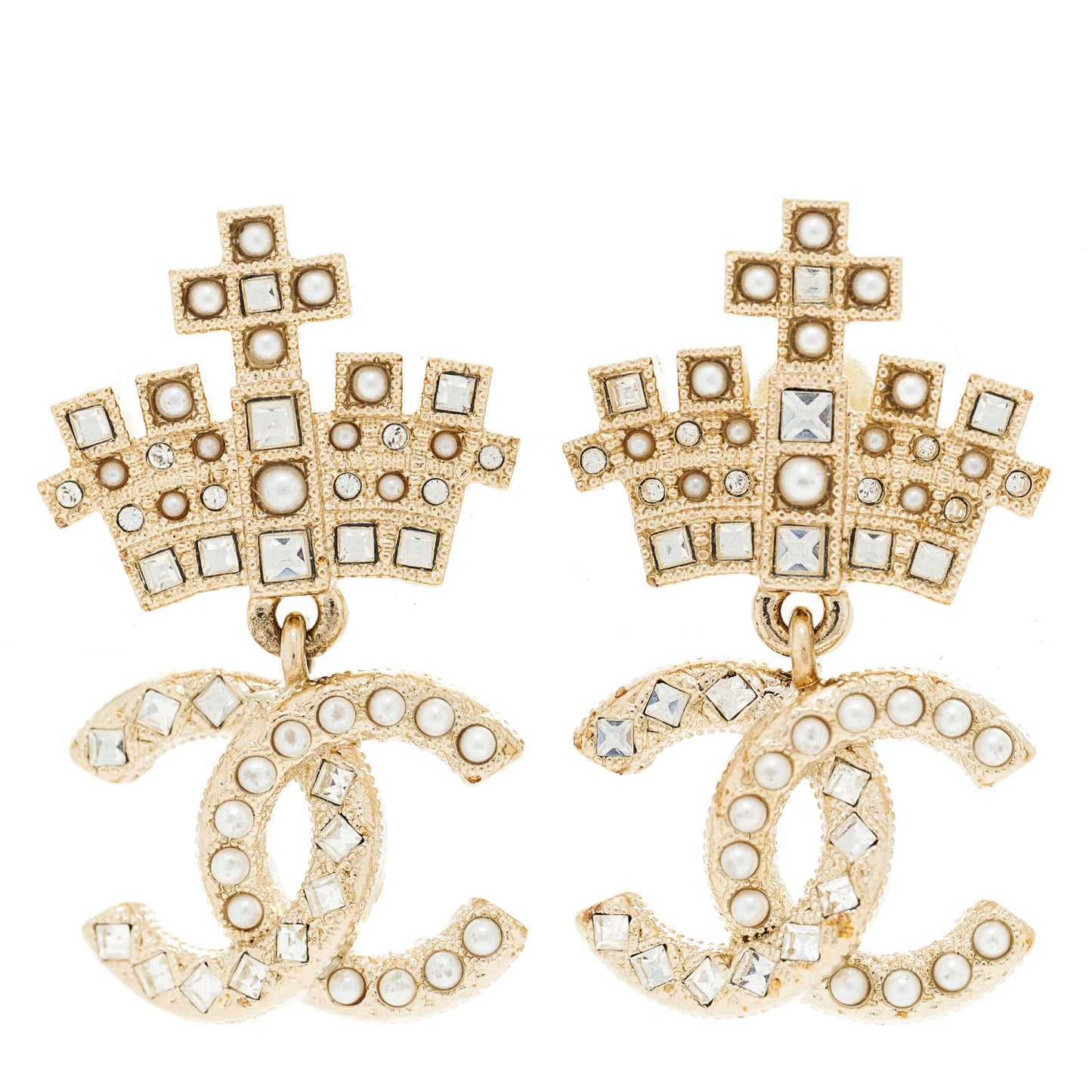 Crystal CC Crown Drop Earrings Gold