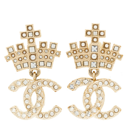 Chanel Crystal CC Crown Drop Earrings Gold 1 of 5
