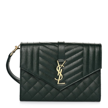 Saint Laurent Grain De Poudre Textured Mixed Matelasse Triquilt Monogram Clutch Vert Fonce 1 of 10