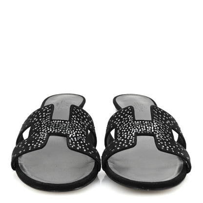 Hermes Suede Goatskin Crystal Oasis Sandals 39.5 Black 3 of 10