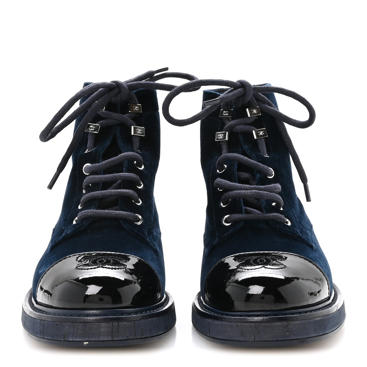 CHANELラバーブーツ　36 Chanel Velvet Patent Calfskin Lace Up Combat Boots 36.5 Blue Black