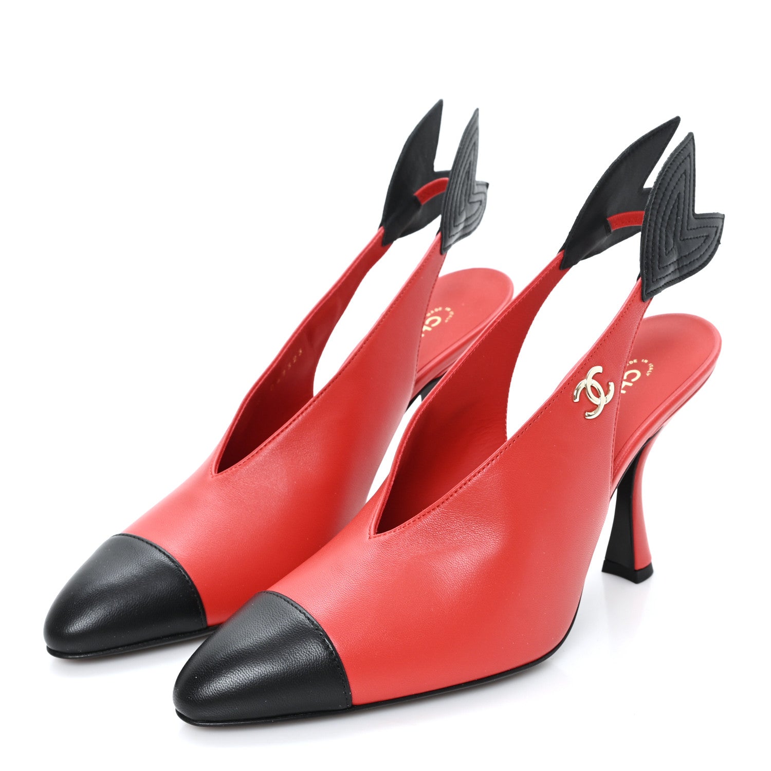 Chanel Lambskin Patent Calfskin Cap Toe CC Slingback Pumps 38 Red Black 4 of 10