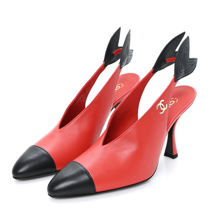 Chanel Lambskin Patent Calfskin Cap Toe CC Slingback Pumps 38 Red Black 4 of 10