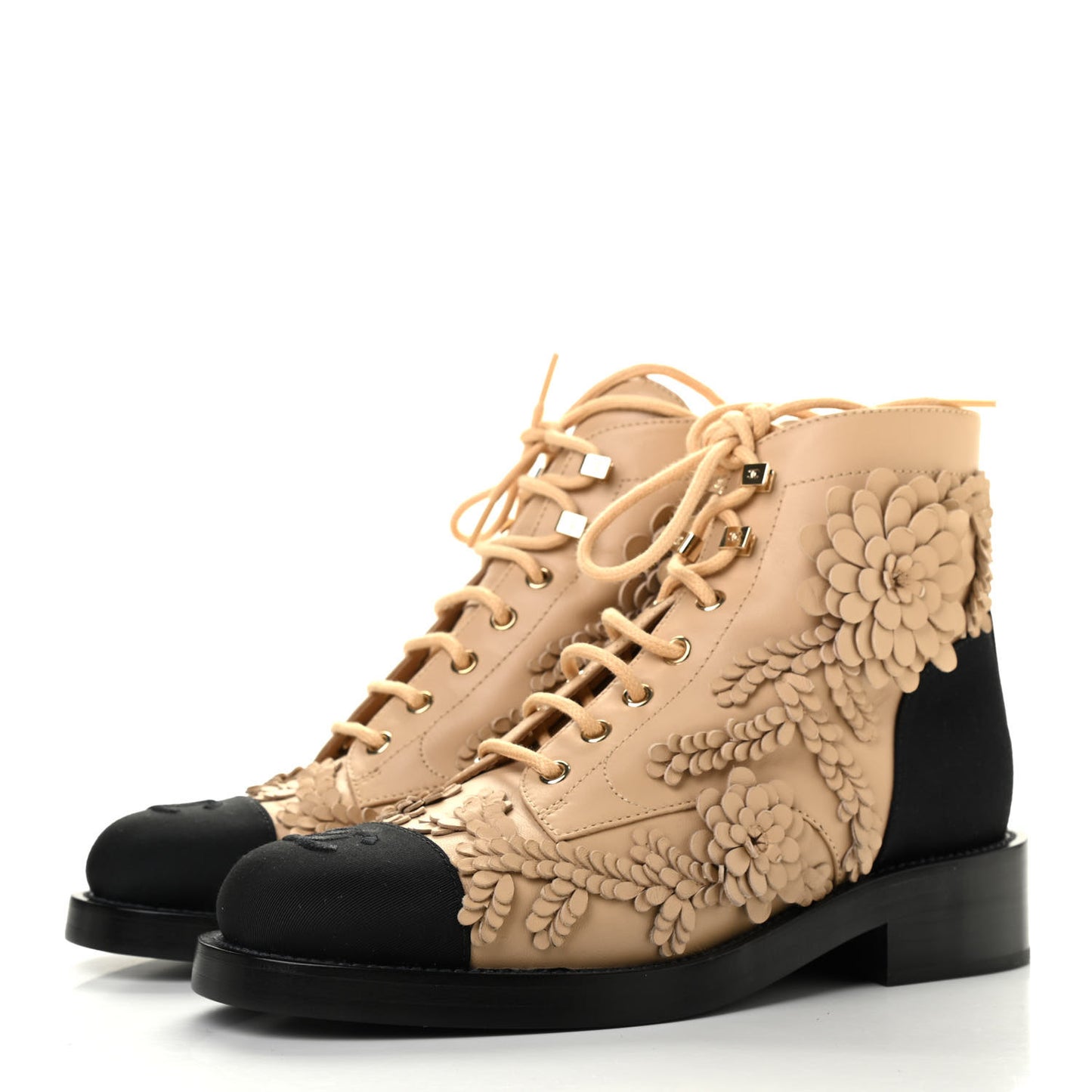 Embroidered Lambskin Grosgrain Lace Up Boots 38 Beige Black