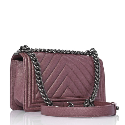 Chanel Metallic Caviar Chevron Quilted Medium Boy Flap Dark Pink 3 of 9