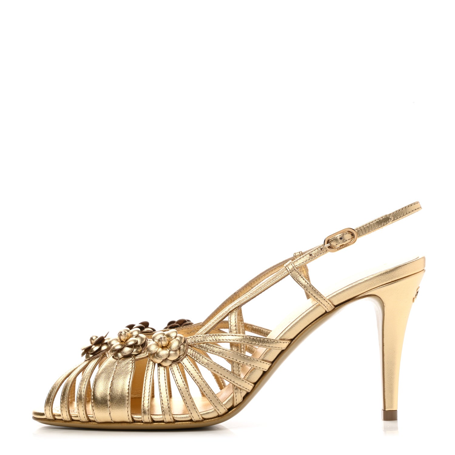 Chanel Laminated Lambskin Camellia Sandals 40 Gold 1 of 10
