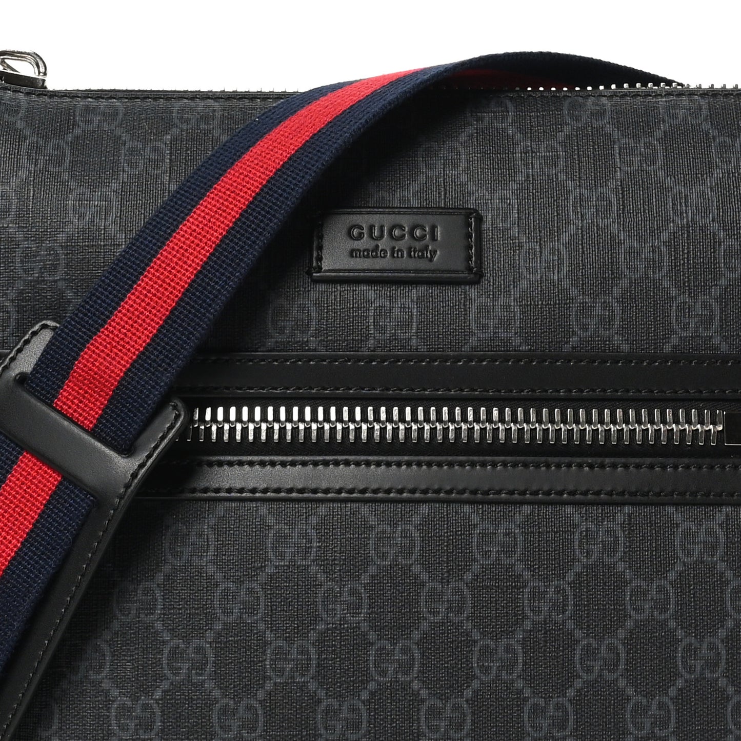 GG Supreme Monogram Appia Calfskin Web Flat Messenger Bag Black Grey