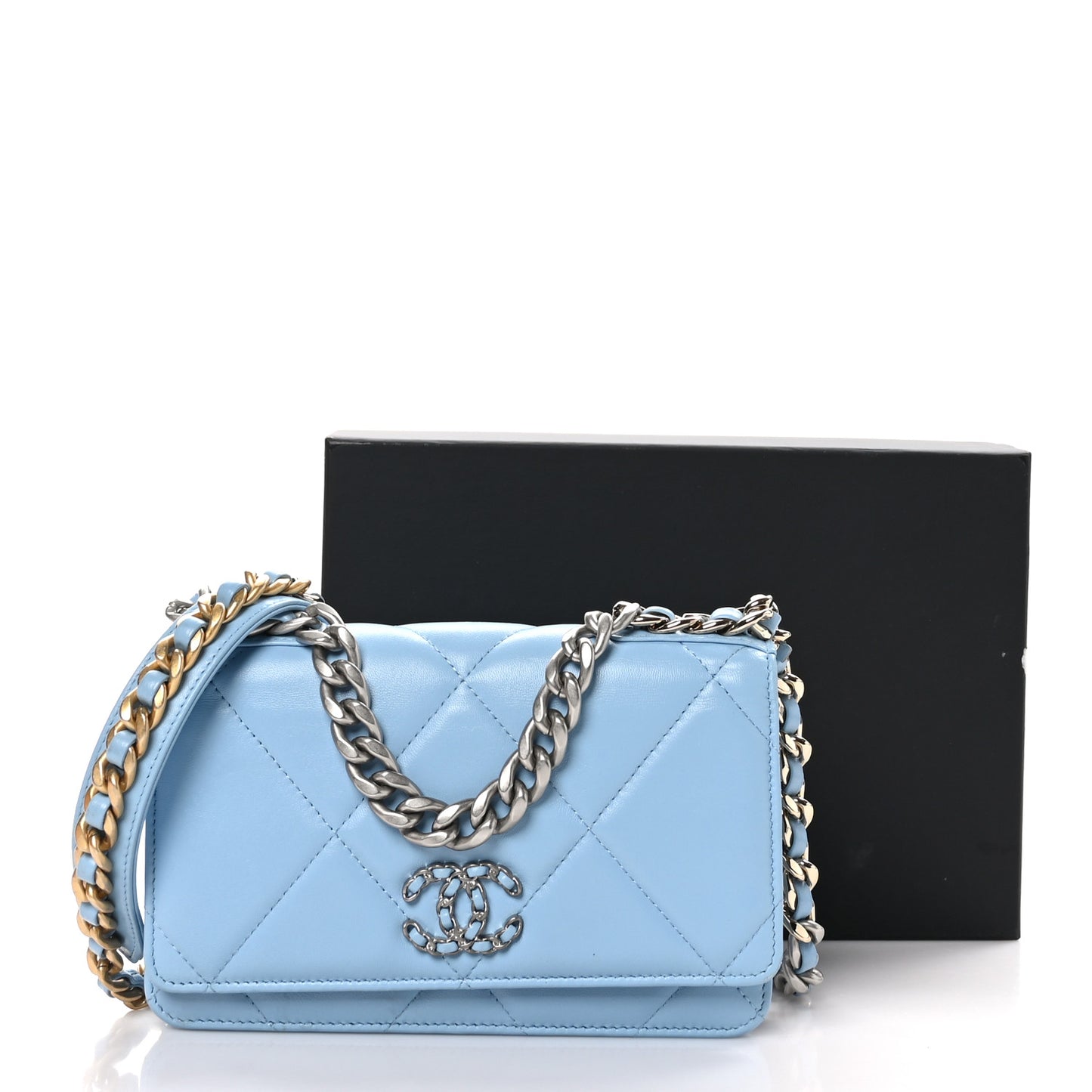 Lambskin Quilted Chanel 19 Wallet On Chain WOC Light Blue