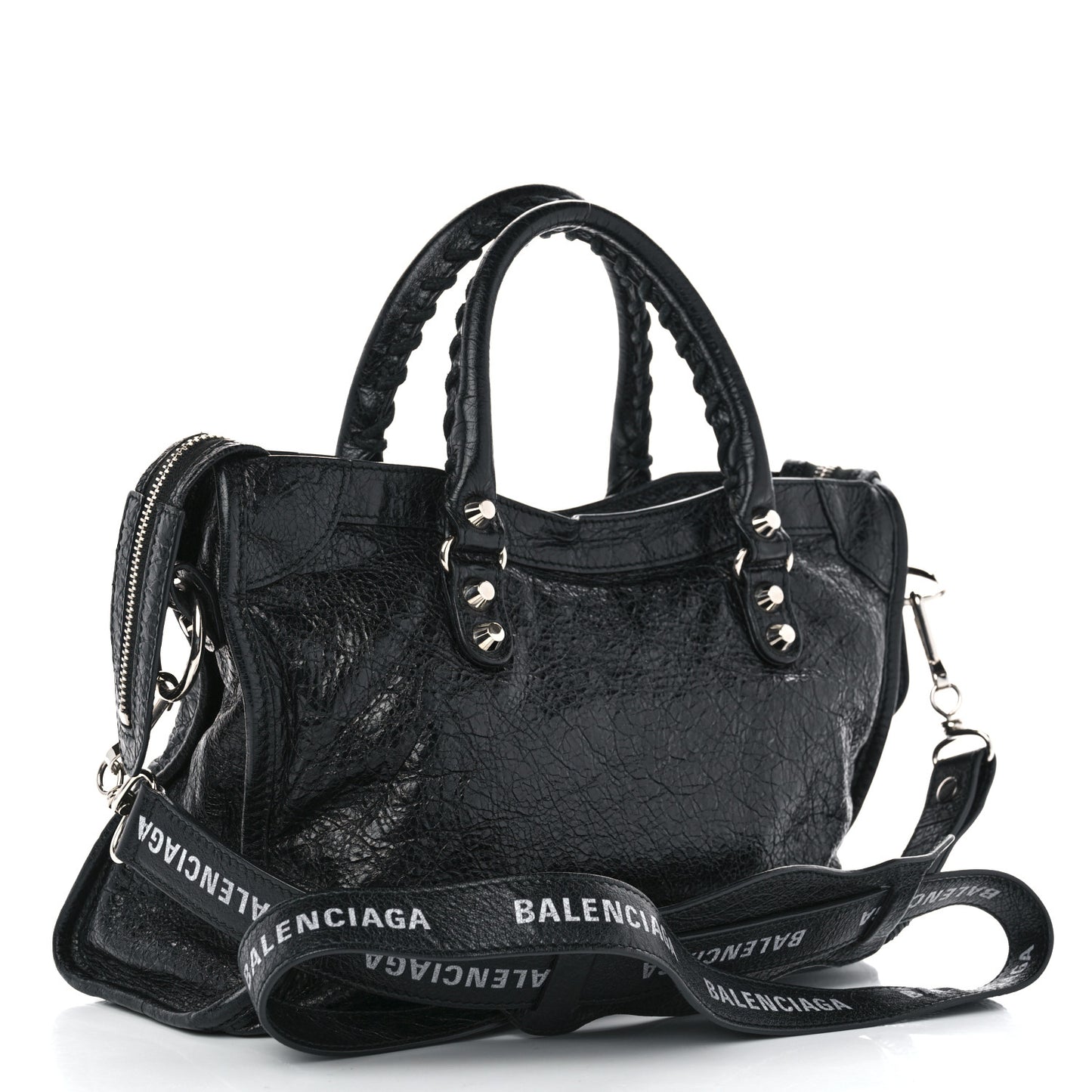 Agneau Classic Silver Hardware S City Logo Strap Black White