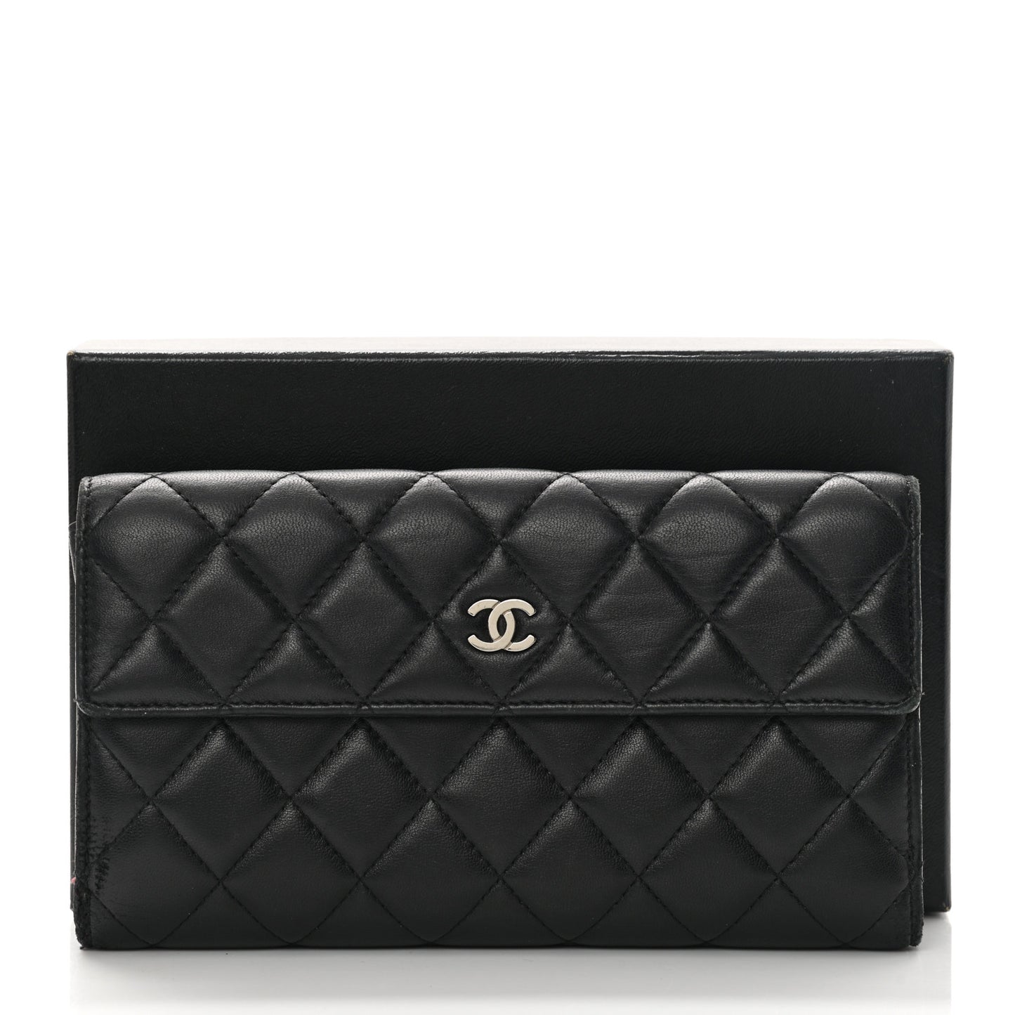 Lambskin Quilted Long Flap Wallet Black
