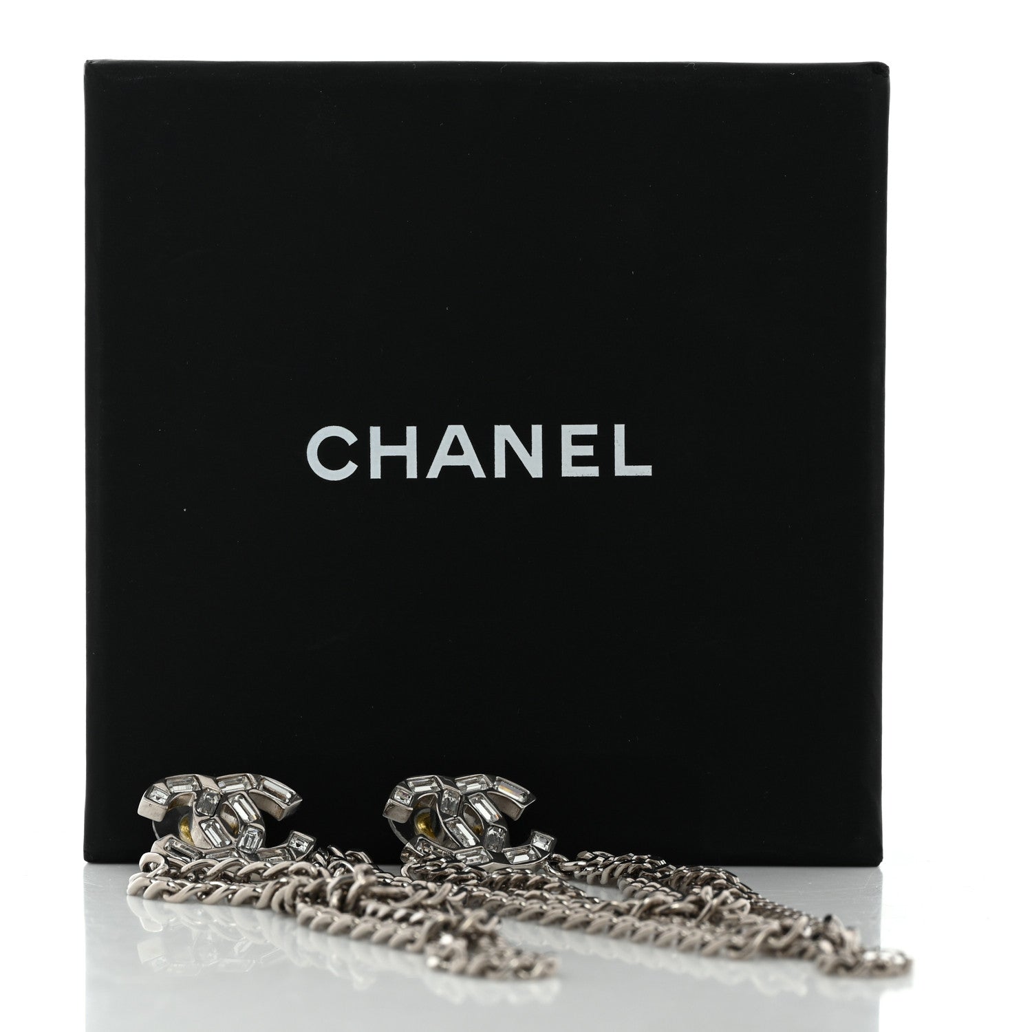 Chanel Crystal Baguette CC Chain Drop Earrings Silver 5 of 5