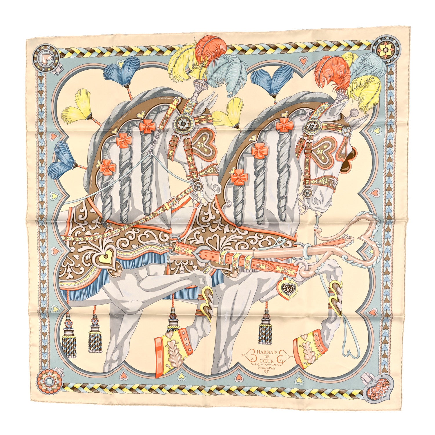 Hermes Silk Harnais De Cour Scarf 90 Creme Gris Perle Abricot 1 of 3