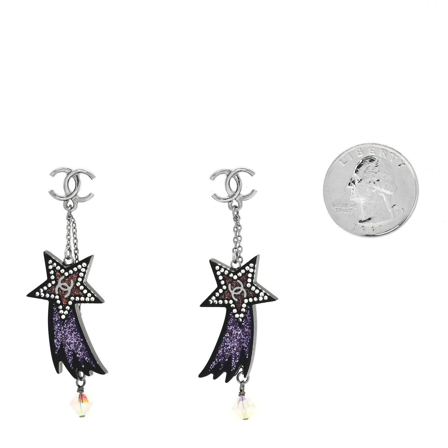 Resin Crystal CC Shooting Star Dangle Earrings Silver Purple