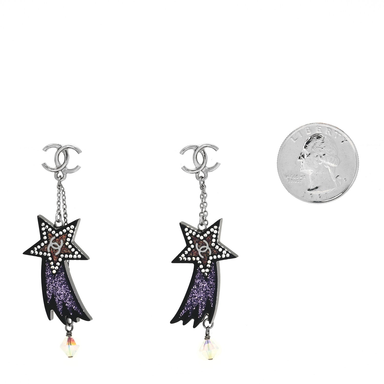Chanel Resin Crystal CC Shooting Star Dangle Earrings Silver Purple 2 of 4