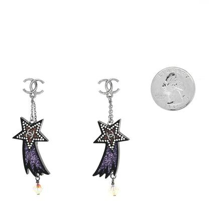 Chanel Resin Crystal CC Shooting Star Dangle Earrings Silver Purple 2 of 4