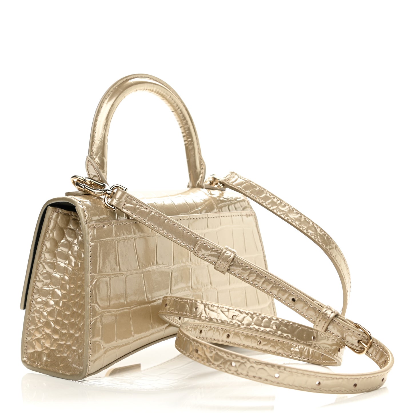 Metallic Shiny Calfskin Crocodile Embossed Hourglass Top Handle Bag XS Light Gold