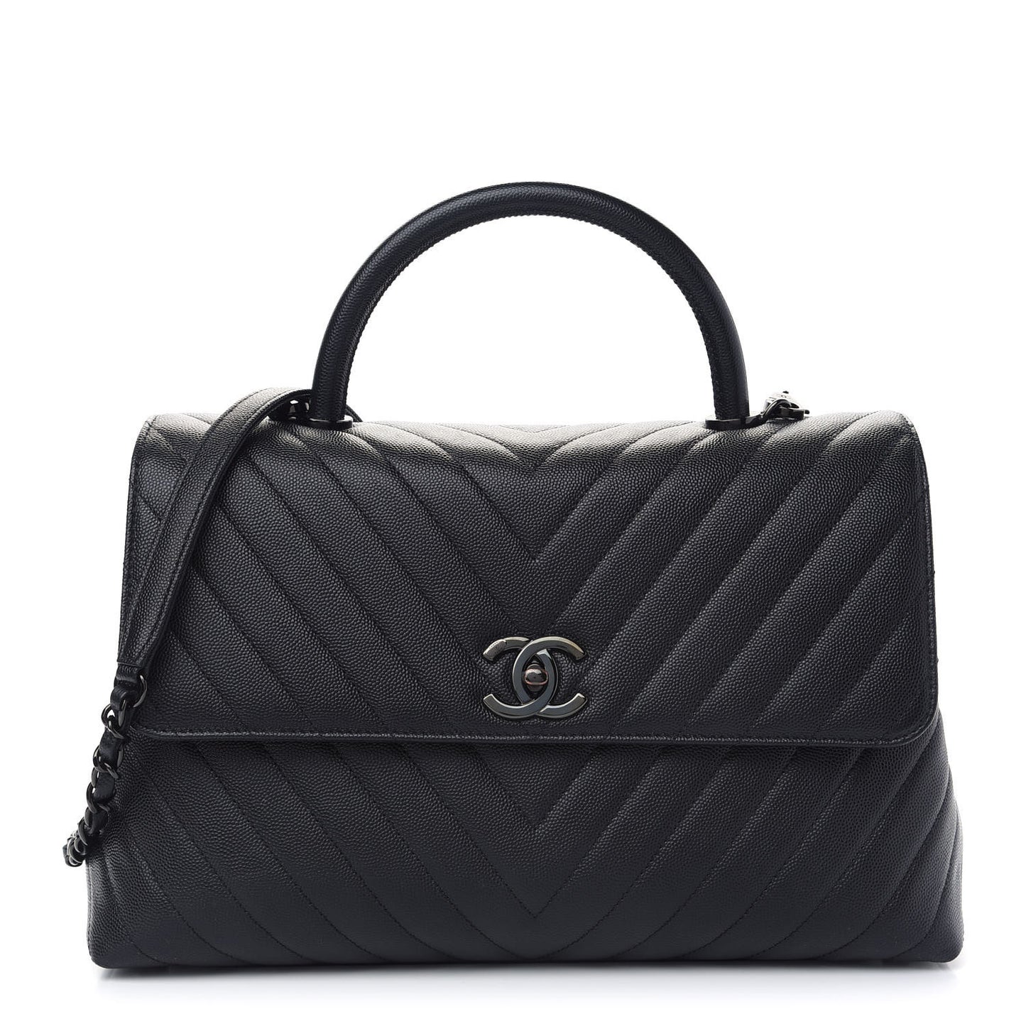 Caviar Chevron Quilted Medium Coco Handle Flap So Black