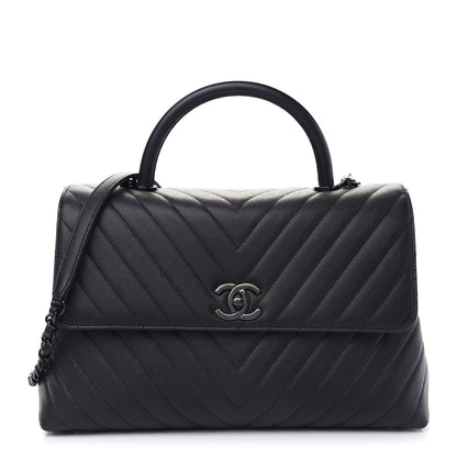 Chanel Caviar Chevron Quilted Medium Coco Handle Flap So Black 1 of 8