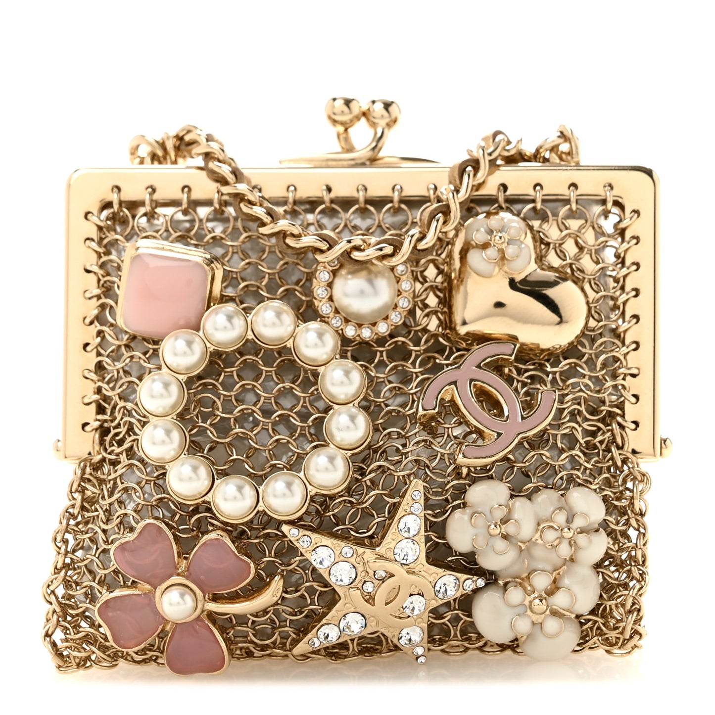 Metal Pearl Enamel Kiss Lock Chain Mail Charm Clutch Gold