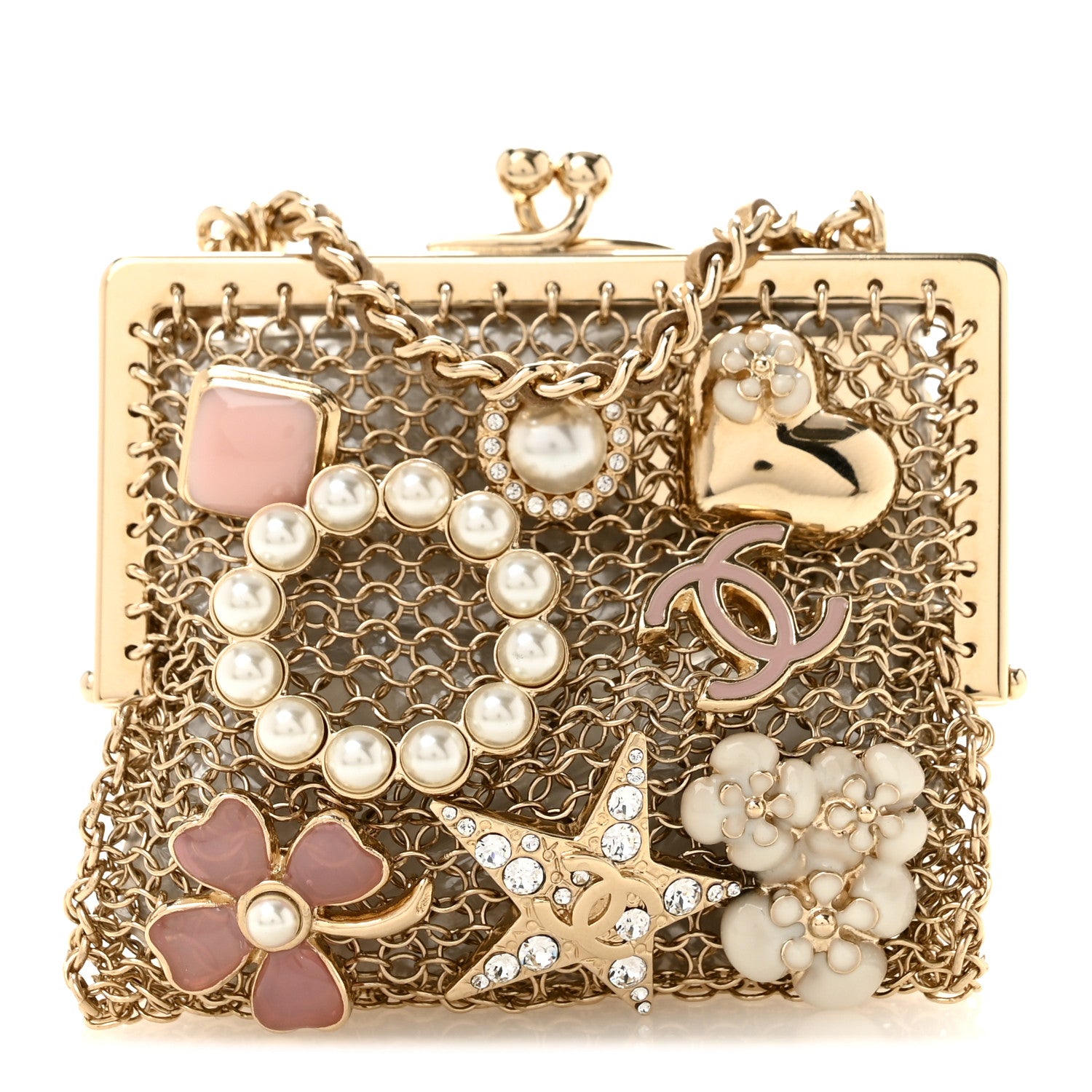 Chanel Metal Pearl Enamel Kiss Lock Chain Mail Charm Clutch Gold 1 of 8