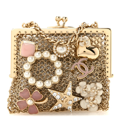 Chanel Metal Pearl Enamel Kiss Lock Chain Mail Charm Clutch Gold 1 of 8