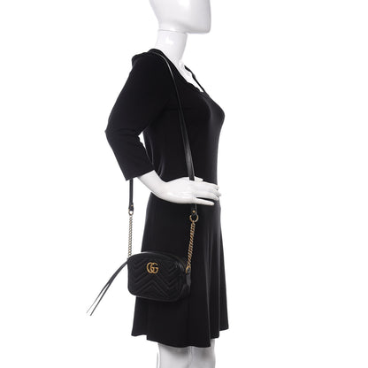 Gucci Calfskin Matelasse Mini GG Marmont Chain Shoulder Bag Black 2 of 11