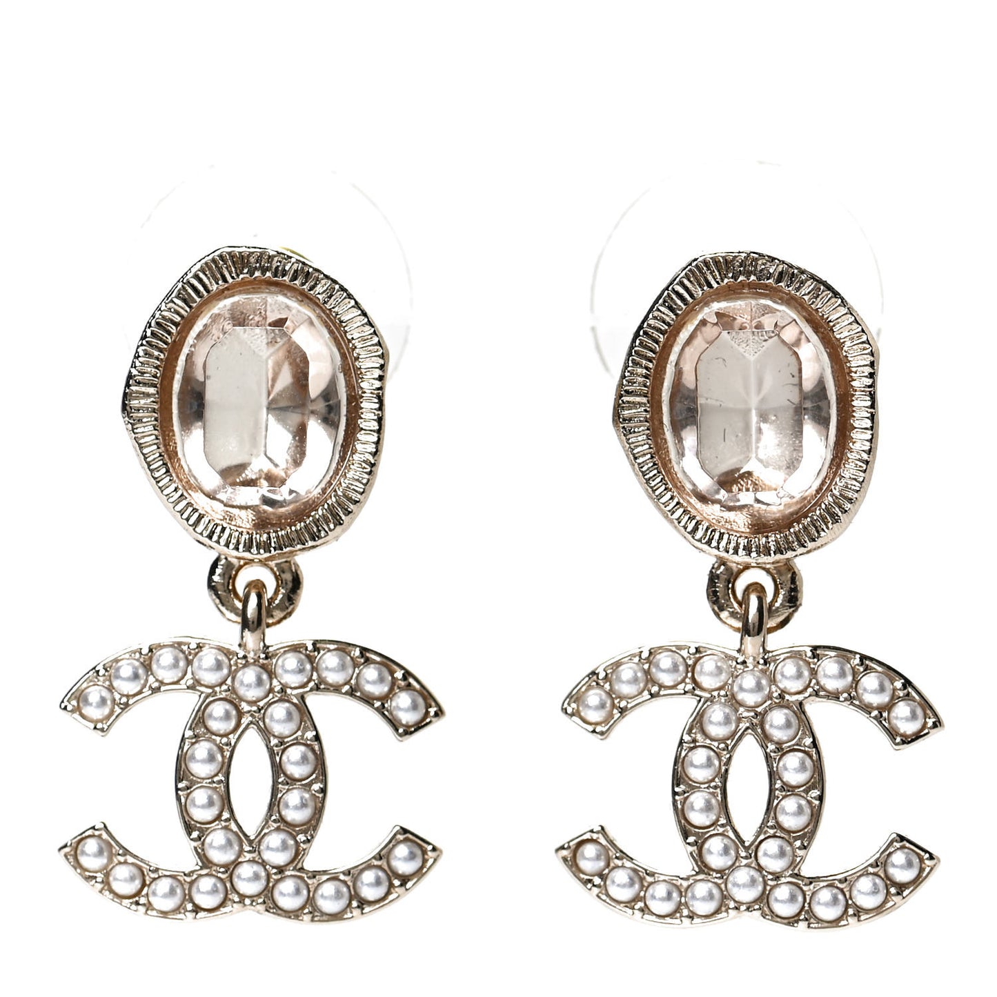 Crystal Pearl CC Drop Earrings Gold