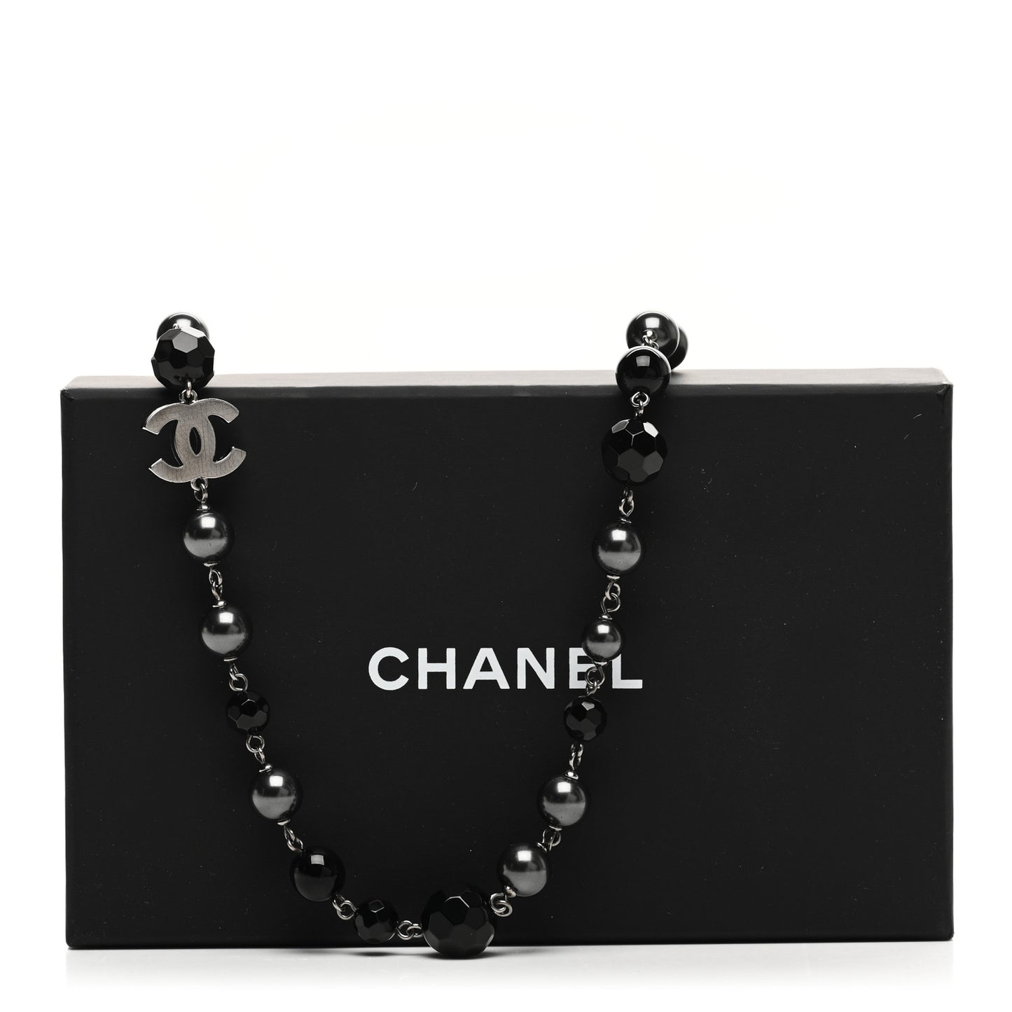 Ruthenium Pearl Beaded CC Long Necklace Black