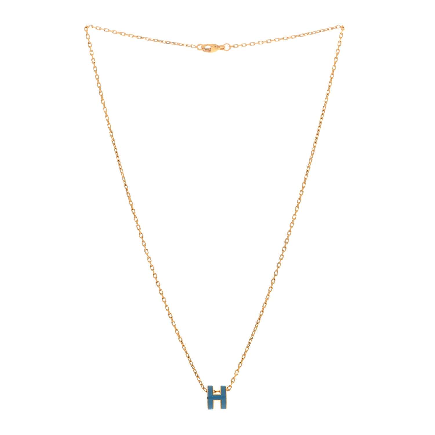Hermes Lacquered Gold Mini Pop H Pendant Necklace Bleu Jean