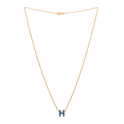 Hermes Lacquered Gold Mini Pop H Pendant Necklace Bleu Jean 2 of 4