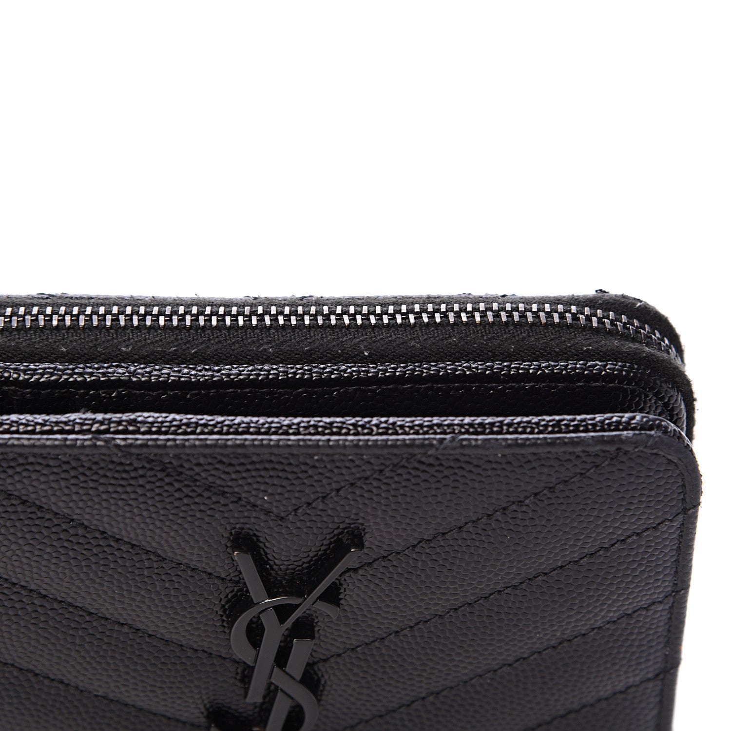 Saint Laurent Grain De Poudre Matelasse Chevron Monogram Compact Zip Around Wallet Black 9 of 11