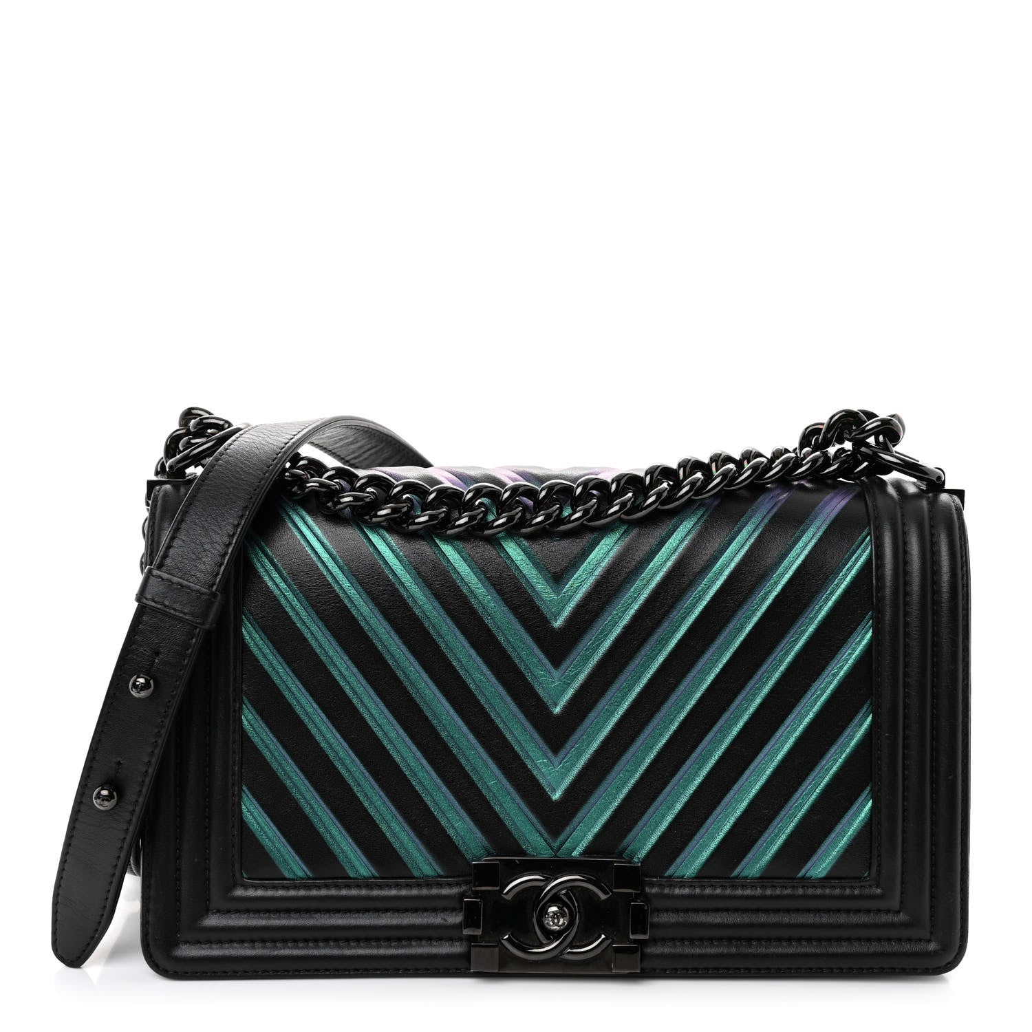 Chanel Calfskin Painted Chevron Embossed Medium Boy Flap Black 1 of 11