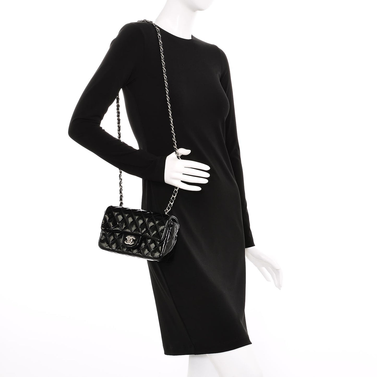 Patent Calfskin Quilted Mini Rectangular Flap Black
