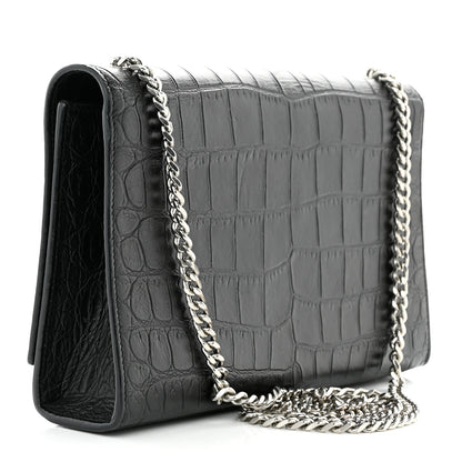Saint Laurent Calfskin Crocodile Embossed Medium Classic Monogram Kate Tassel Satchel Black 3 of 9