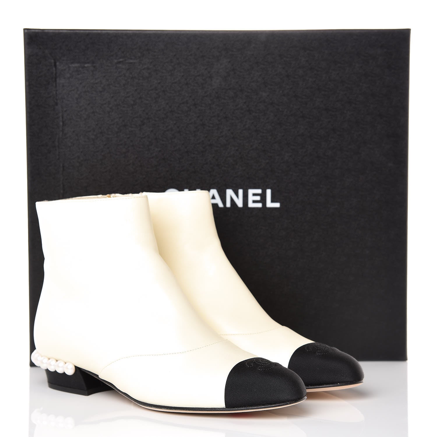 Chanel Lambskin Grosgrain Pearl Cap Toe Short Boots 37 Ivory Black 9 of 9
