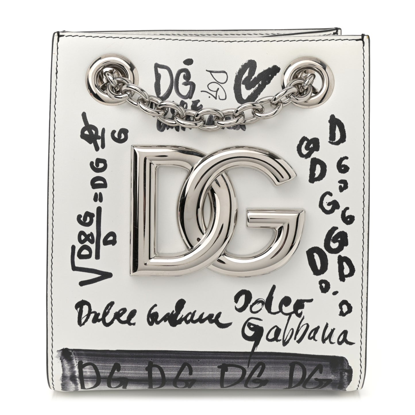 Calfskin DG Graffiti Print Chain Shoulder Bag White Black