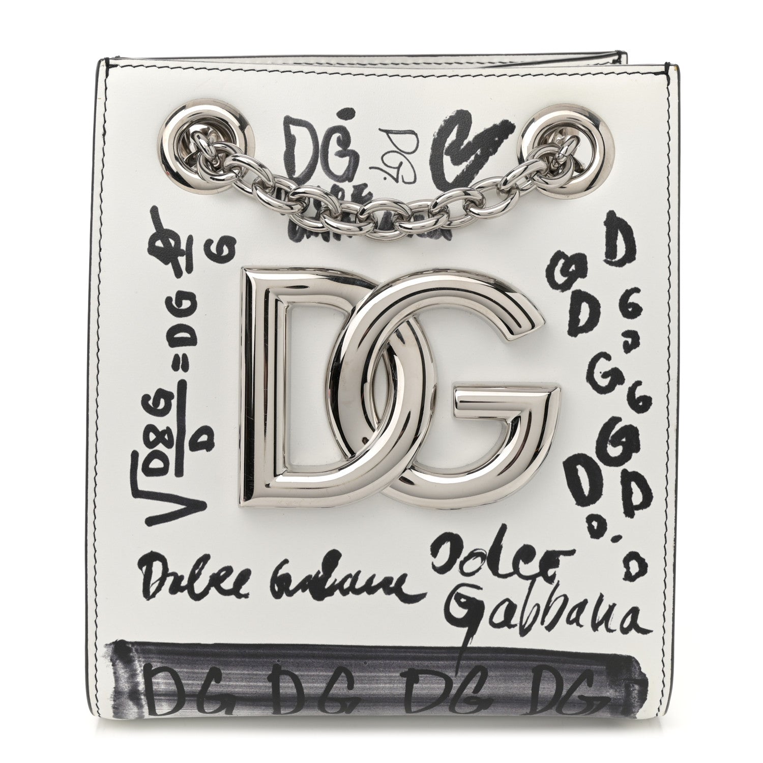 Dolce & Gabbana Calfskin DG Graffiti Print Chain Shoulder Bag White Black 1 of 10
