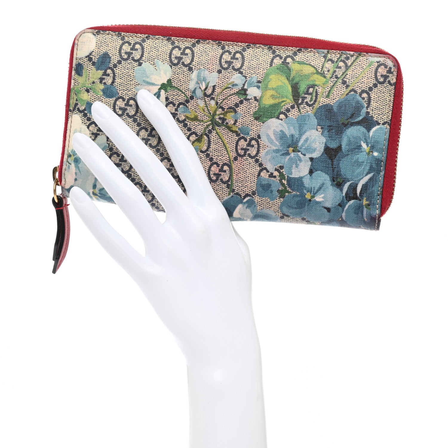 Gucci GG Supreme Monogram Blooms Zip Around Wallet Blue Red 2 of 15