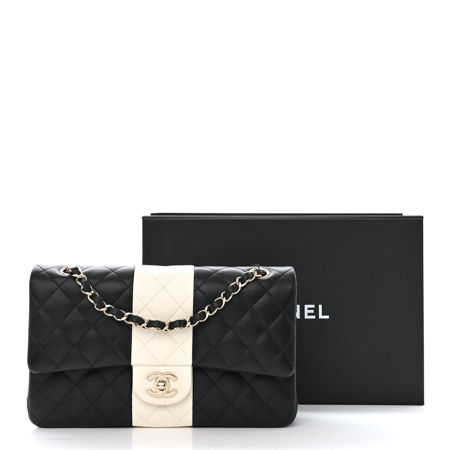 Lambskin Quilted Medium Double Flap Black White