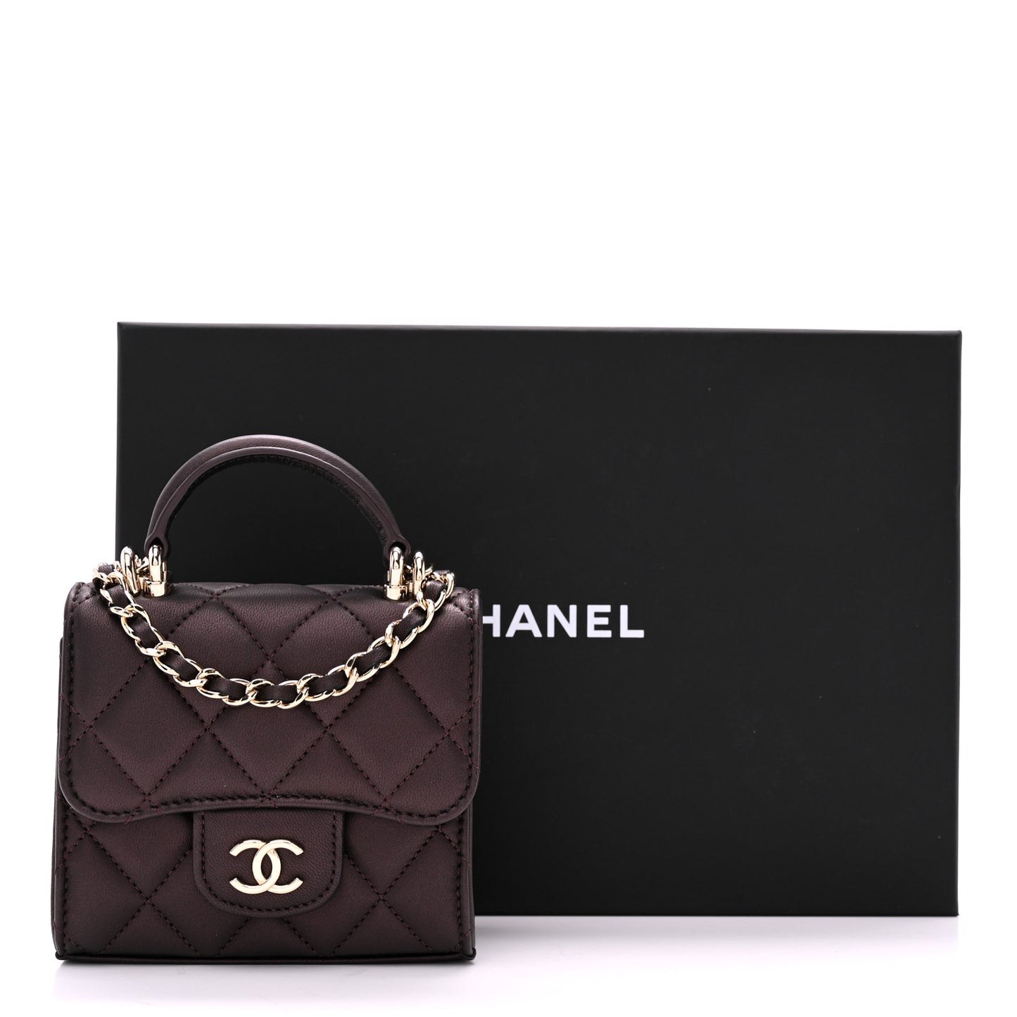 Iridescent Lambskin Quilted Top Handle Clutch With Chain Burgundy