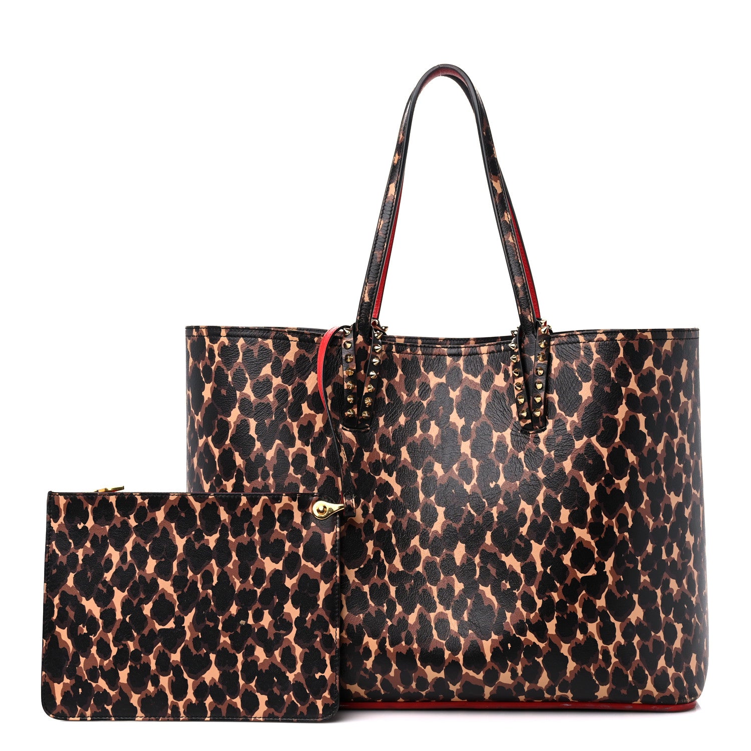 Christian Louboutin Calfskin Leopard Print Spikes East West Cabata Tote Brown 1 of 19