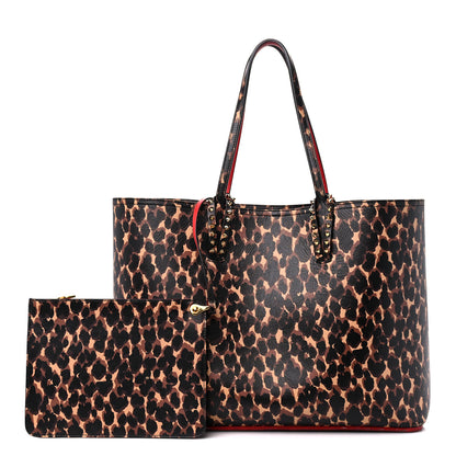 Christian Louboutin Calfskin Leopard Print Spikes East West Cabata Tote Brown 1 of 19
