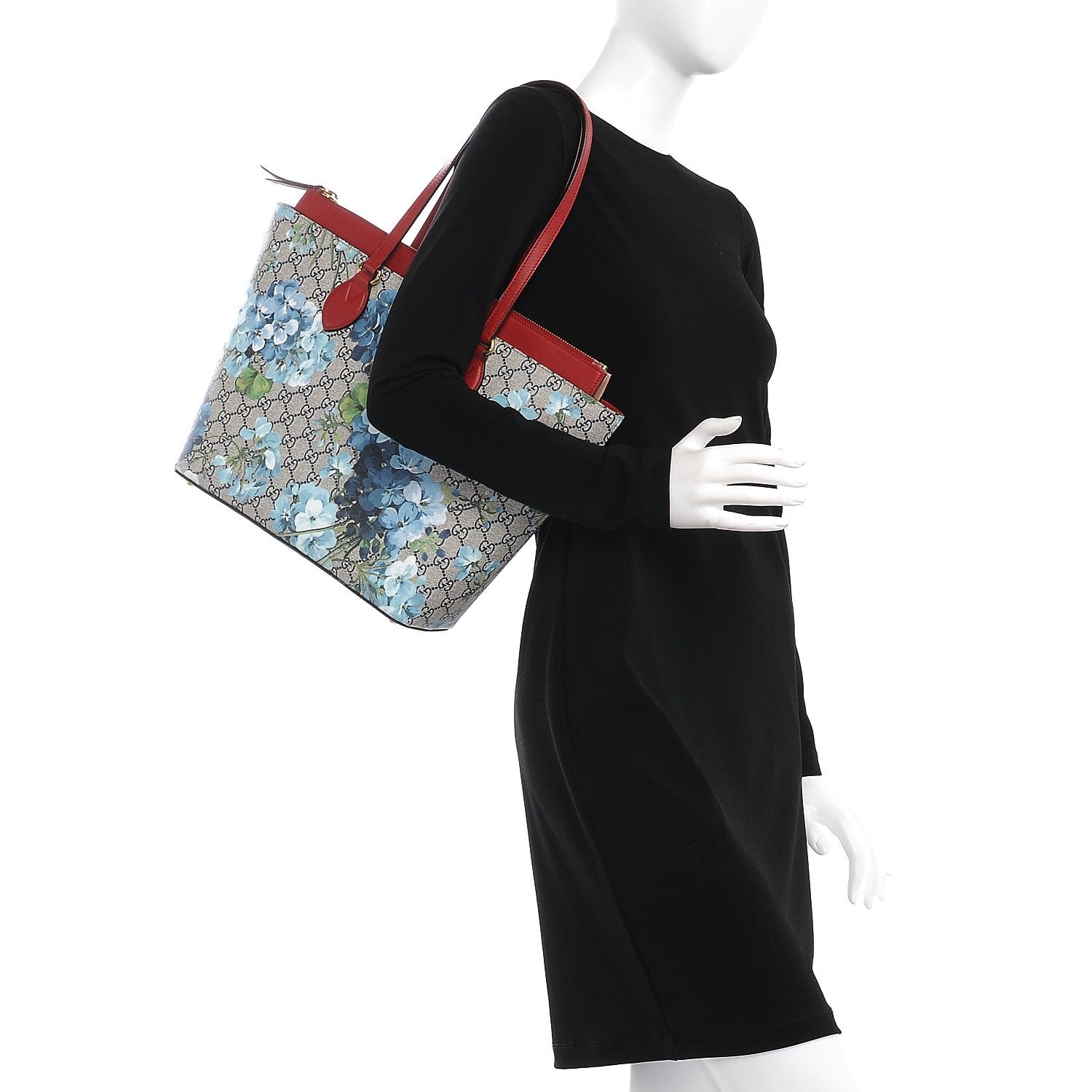 Gucci GG Supreme Monogram Blooms Medium Zippered Bucket Tote Beige Blue Navy Hibiscus Red 2 of 8