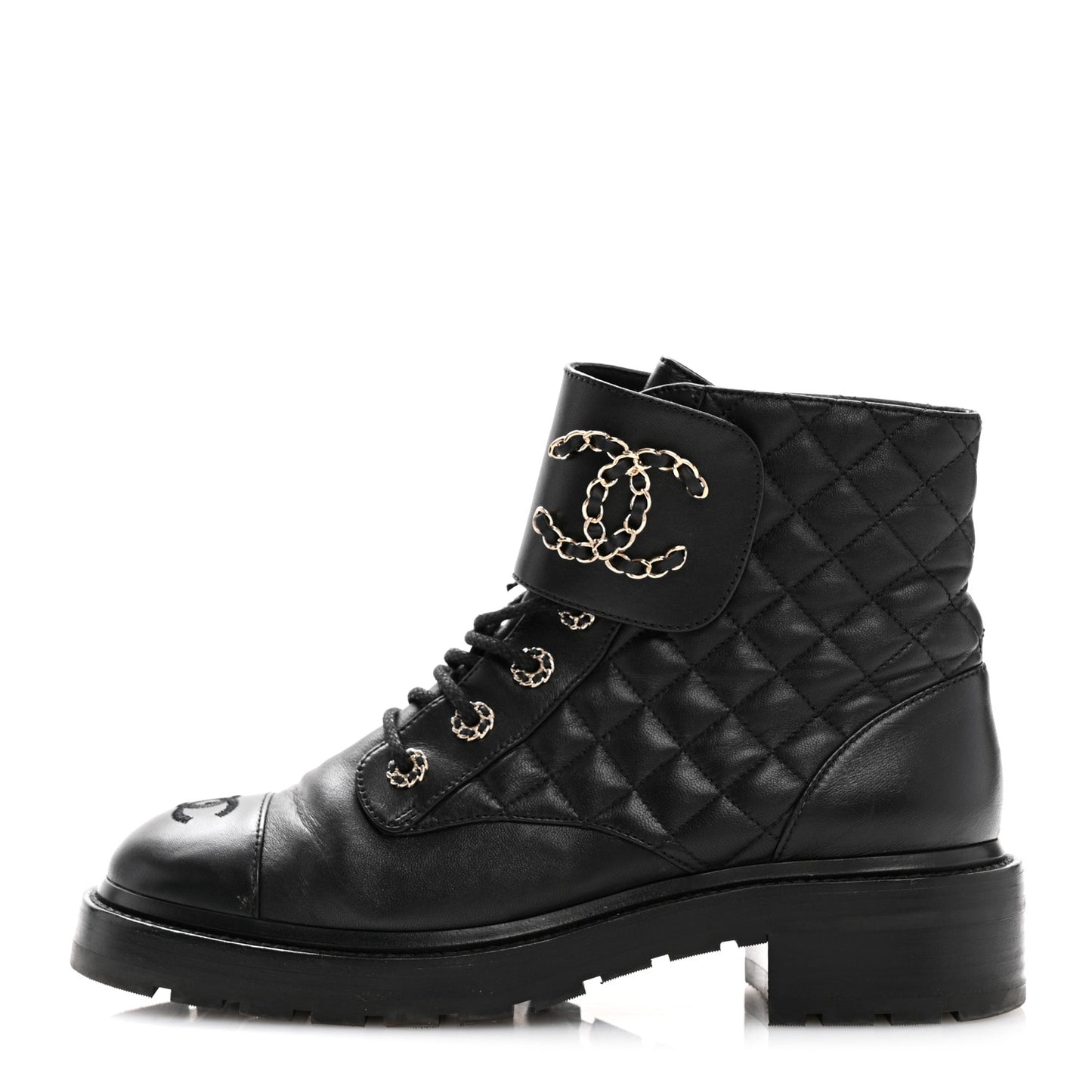 Shiny Goatskin Calfskin Quilted Lace Up Combat Boots 40 Black