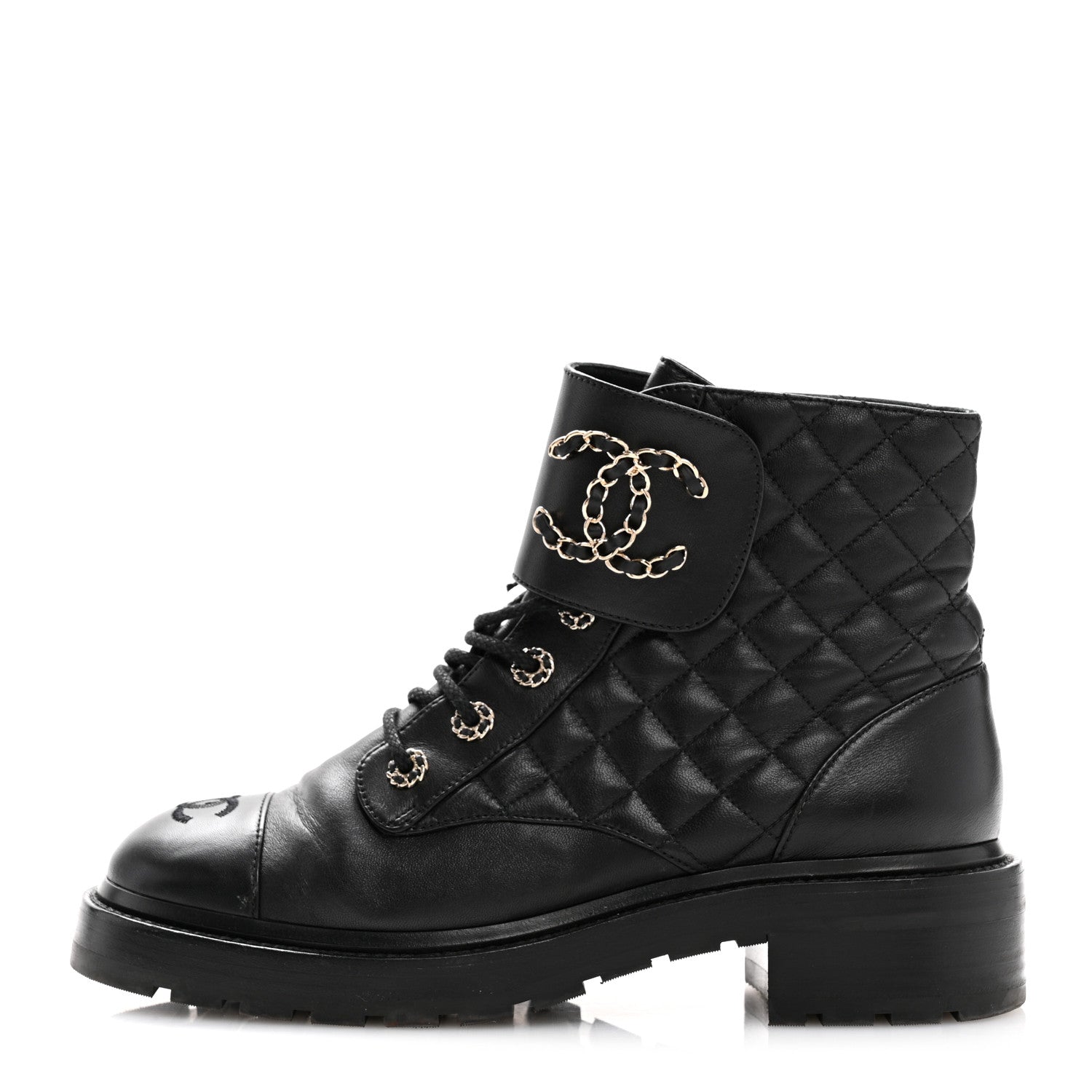 Chanel Shiny Goatskin Calfskin Quilted Lace Up Combat Boots 40 Black 1 of 10