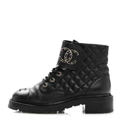 Chanel Shiny Goatskin Calfskin Quilted Lace Up Combat Boots 40 Black 1 of 10