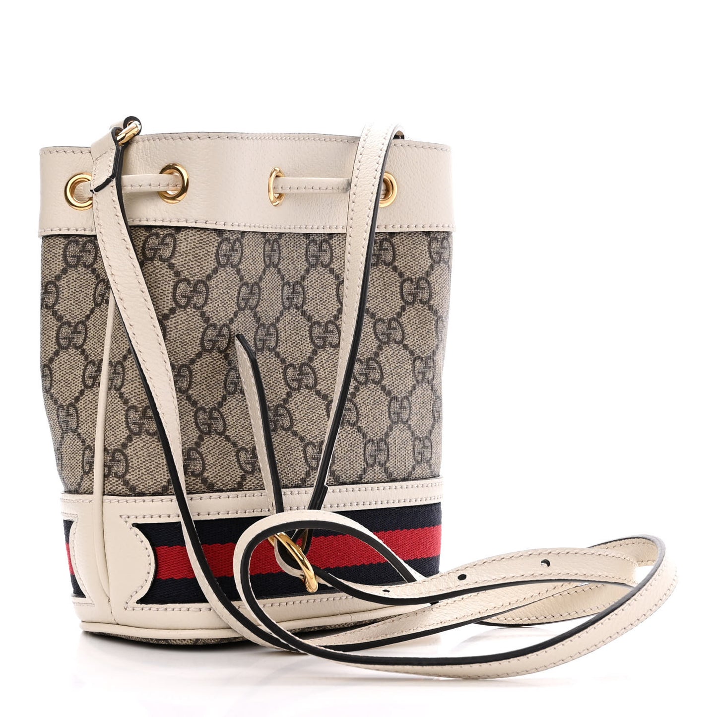 GG Supreme Monogram Textured Calfskin Web Mini Ophidia Bucket Bag Beige Ebony Mystic White