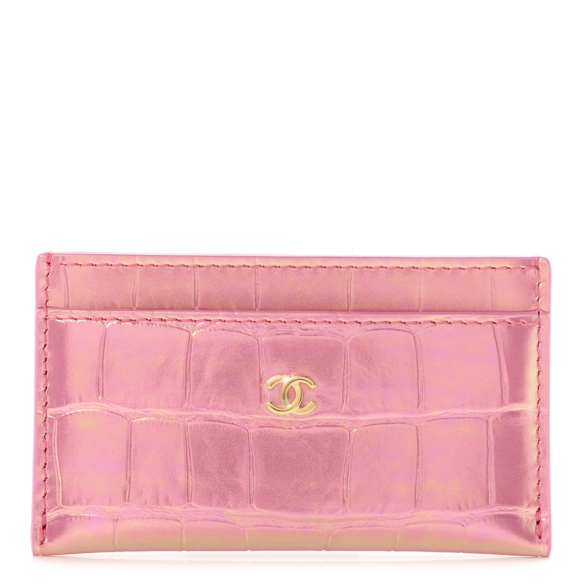 Iridescent Calfskin Crocodile Embossed Crococo Card Holder Pink