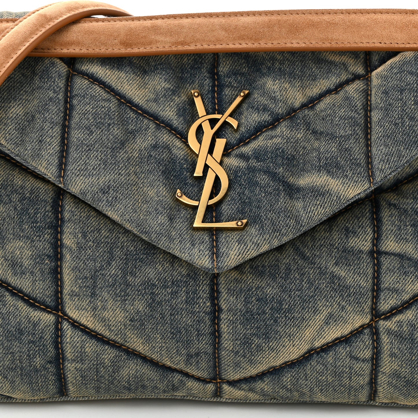 Denim Quilted Small Loulou Puffer Monogram Chain Satchel Rodeo Blue Cinnamon