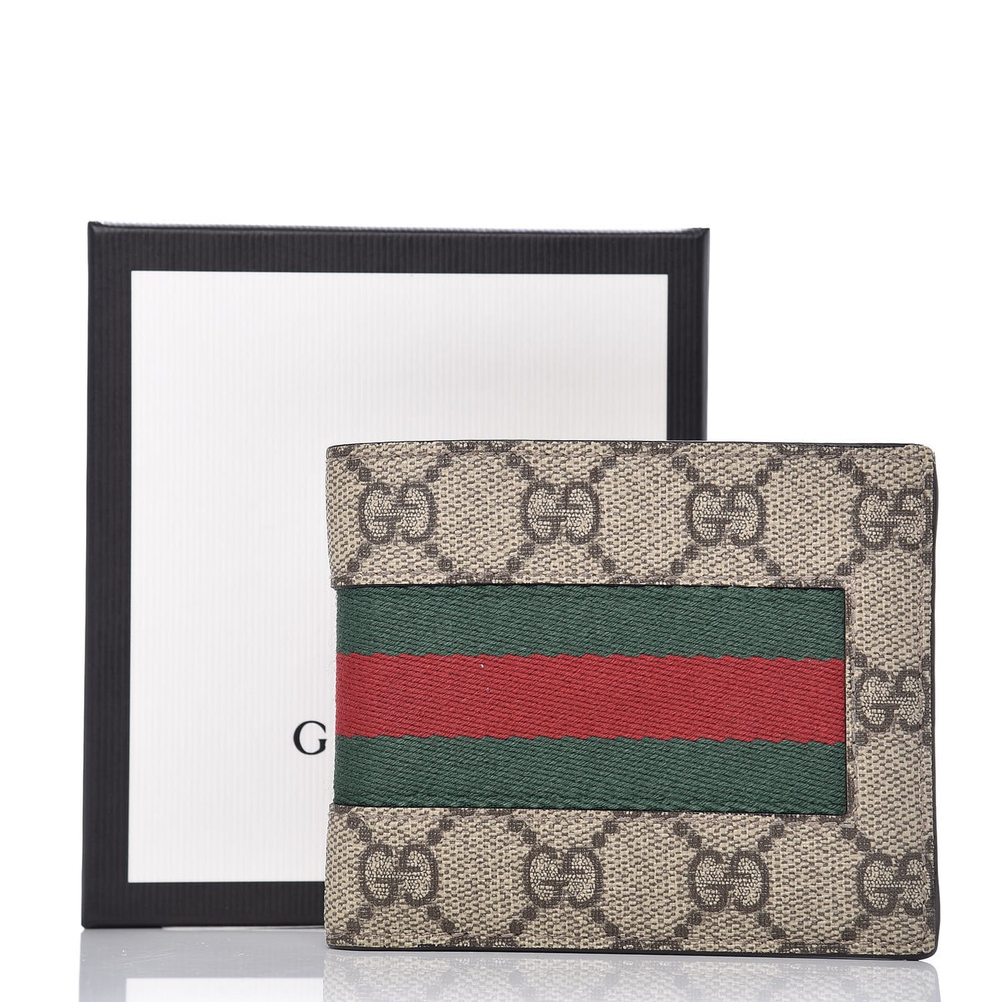 GG Supreme Monogram Selleria Calfskin Web New Web Bi-Fold Wallet Beige Ebony Cocoa